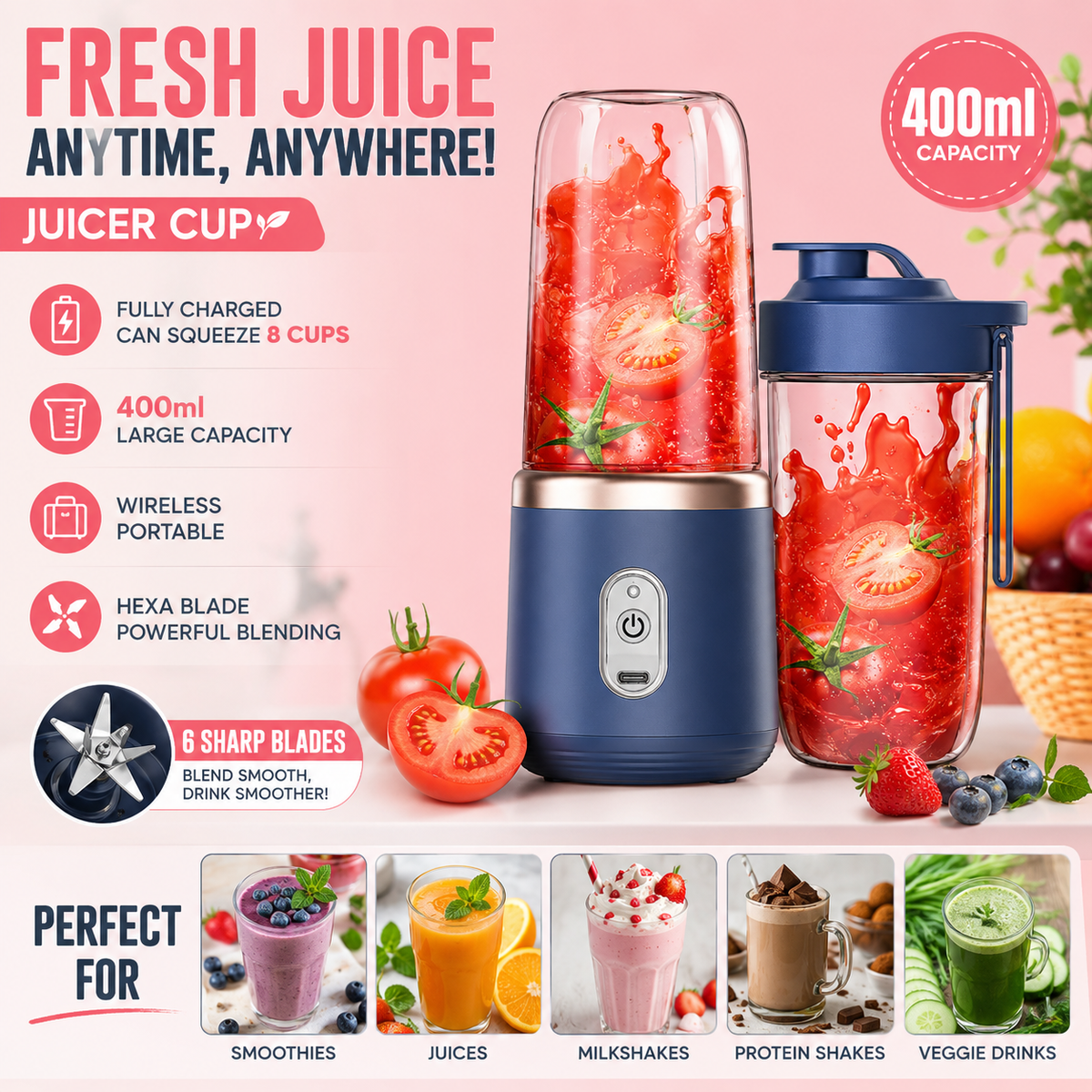 Portable Blender l USB Rechargeable | Powerful 6-Blade Personal Smoothie & Juice Maker