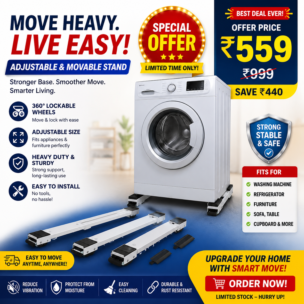Universal Adjustable Appliance Stand – Heavy Duty Movable Base with Lockable Wheels for Washing Machine, Fridge & Furniture